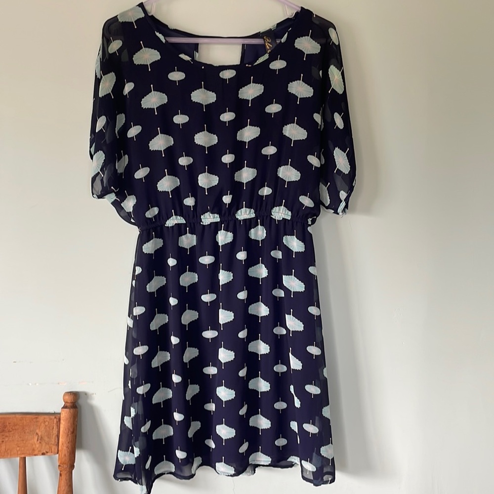 Francesca’s Blue Rain patterned casual dress with sheer sleeves, size medium